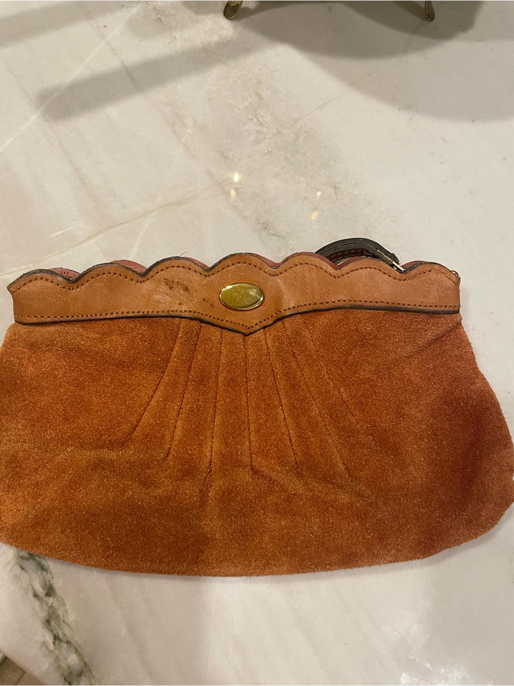 Vintage Rust Suede Scallop Top Wristlet Clutch. Genuine Leather. Women